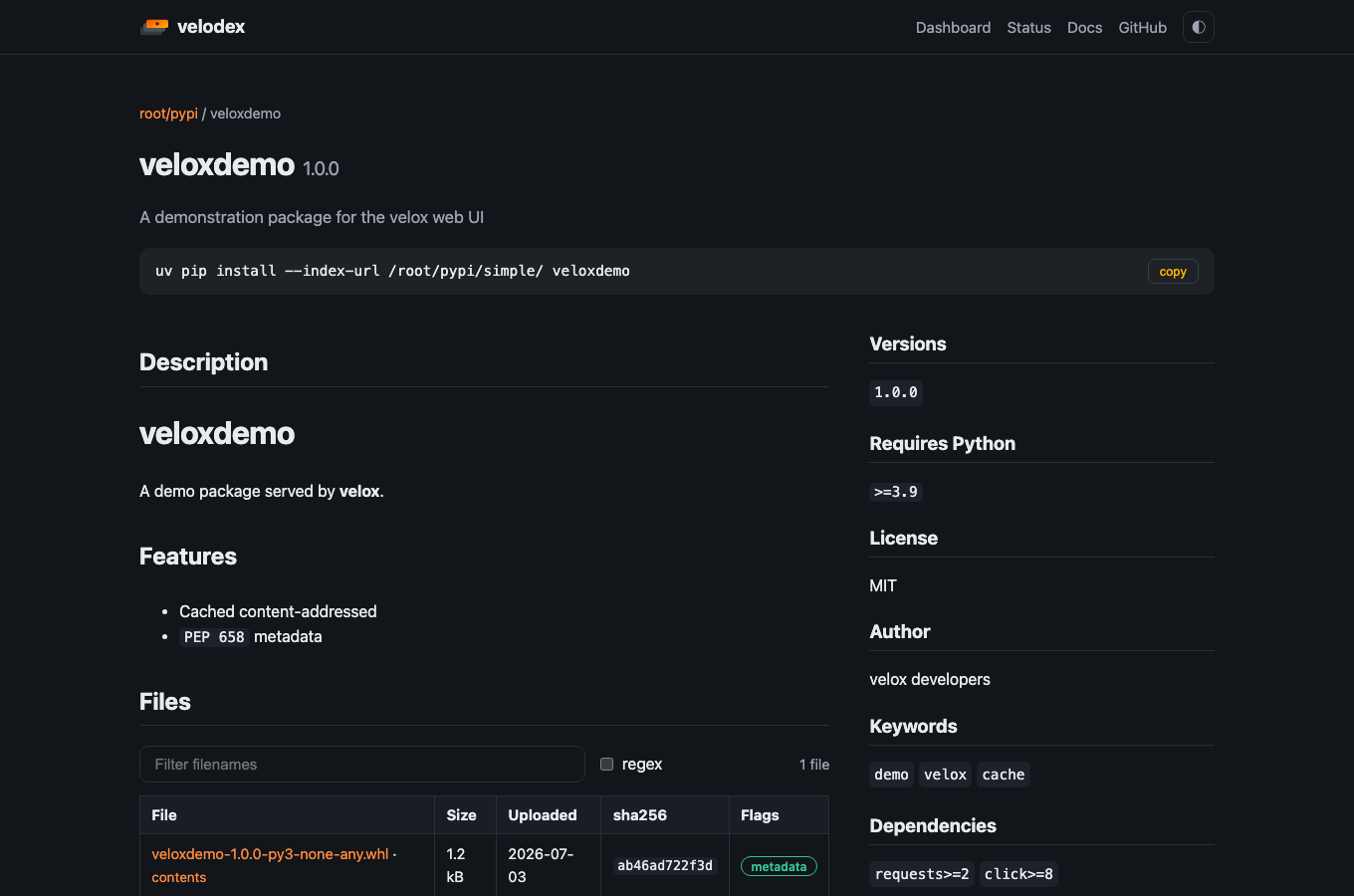 A project page: description and files on the left, metadata panel on the right