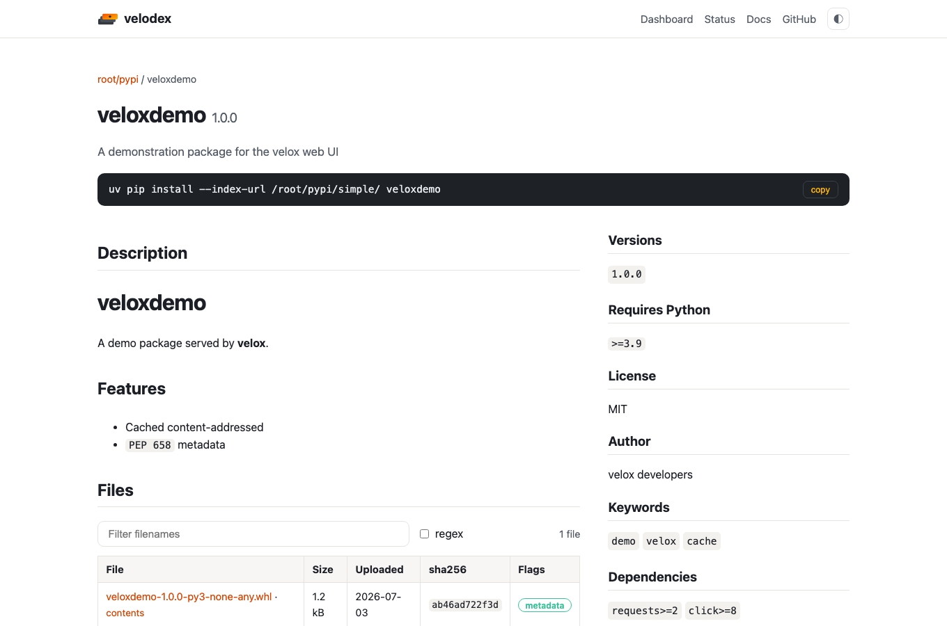 A project page: description and files on the left, metadata panel on the right